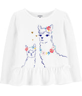 White long sleeve tee with lama graphic